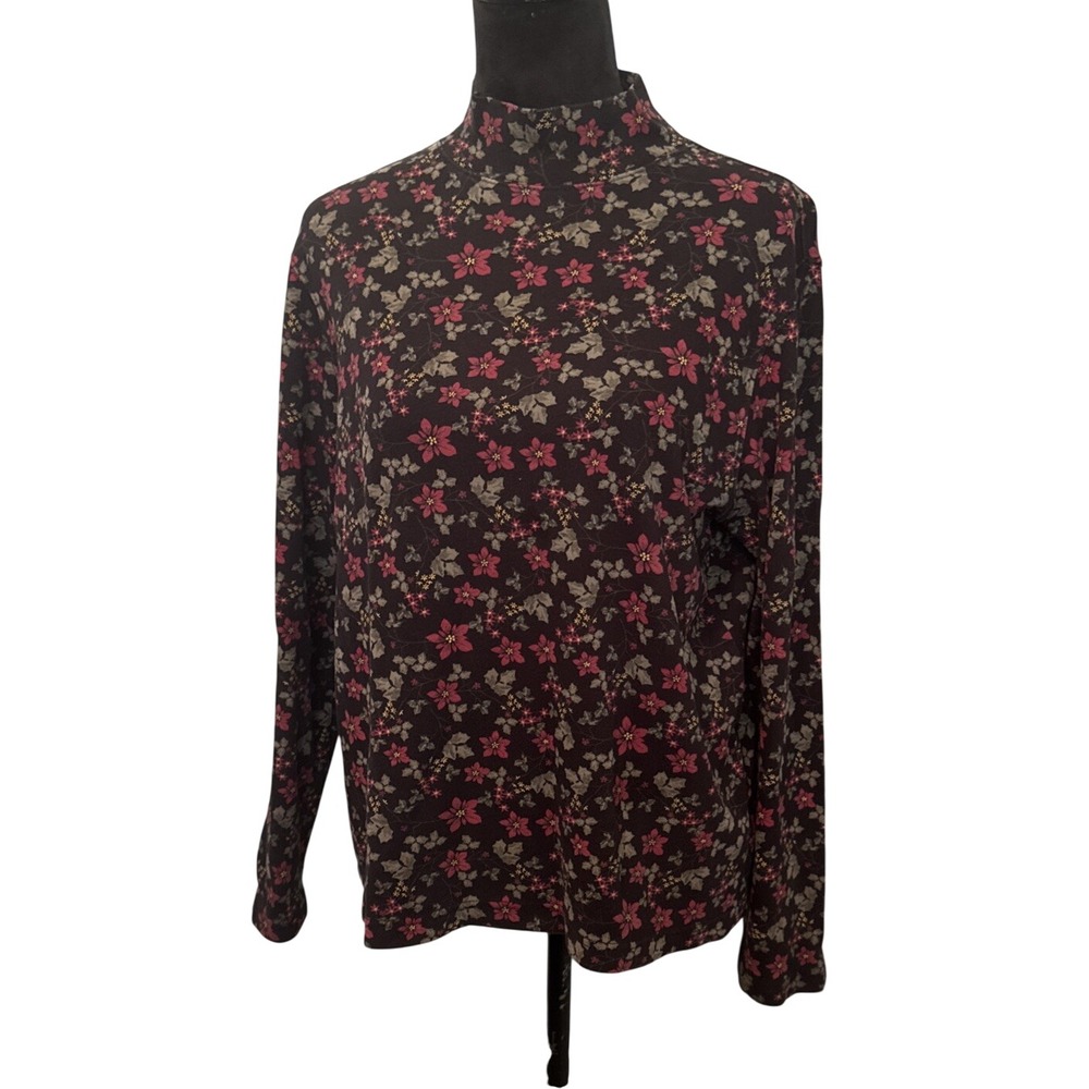 Croft & Barrow Top Women L Poinsettia Floral Mock Neck Long Sleeve Christmas